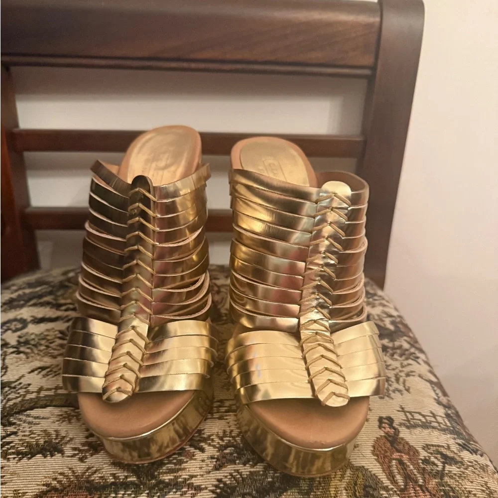 Coach Bristol Gold Mirror Metallic Wedge Sandals Size 7B